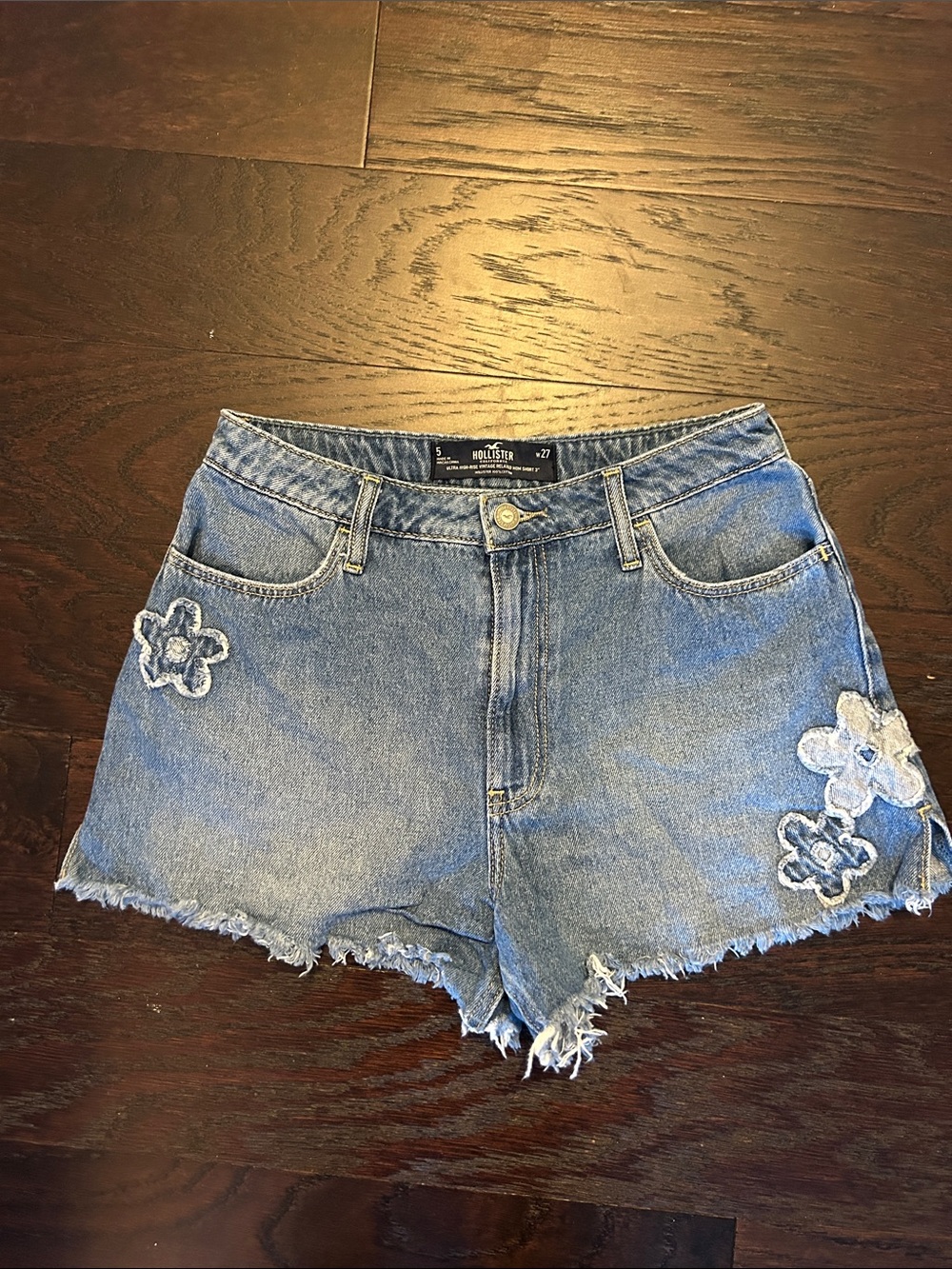 Hollister Light Blue Denim Floral Patch High-Rise Shorts